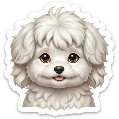 Cinematic Cute Wavy-Haired Maltese dog Portrait Emoji, Head tilted playfully and inquisitively, featuring a luxurious, wavy-haired white coat with a healthy sheen, round, sparkling dark eyes filled with curiosity, Simplified yet irresistibly adorable features, highly detailed, glowing with a warm, friendly glow, high shine, affectionate and lively, stylized with a touch of whimsy, bright and endearing, soft glowing outline, capturing the essence of a mischievous yet loving companion, so playful it feels like it could scamper out of the screen and into your arms! sticker