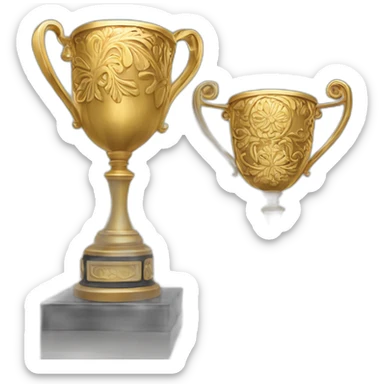Create a golden trophy shining brilliantly, adorned with intricate designs, set on a pedestal at a prestigious award ceremony, symbolizing achievement and recognition. sticker