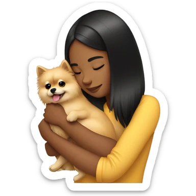 Girl hugging pomeranian. The girl has black hair. sticker