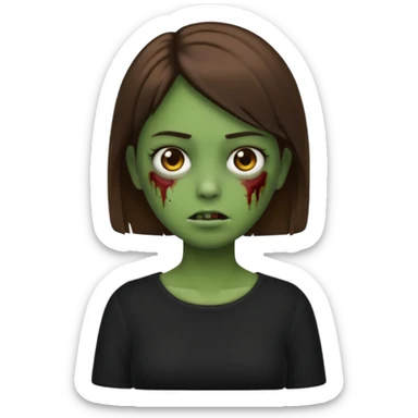 Zombie girl emoji verde um pouco escuro com cabelo curto liso castanho no ombro com uma blusa preta sticker