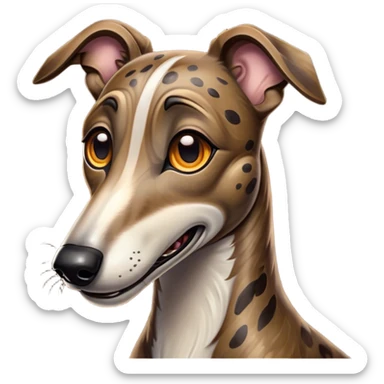 Cinematic Comical Brindle Greyhound Portrait Emoji, Head tilted dramatically with an exaggeratedly amused expression, featuring a striking brindle Fur with bold patterns, wide, expressive eyes filled with playful disbelief, Simplified yet hilariously expressive features, highly detailed, glowing with a slightly sassy glow, high shine, dramatic yet playful, stylized with an air of cheeky mischief, bright and endearing, soft glowing outline, capturing the essence of a spirited and over-the-top racer, so meme-worthy it feels like it could side-eye its way into internet fame instantly! sticker