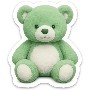 Change the teddy bear's fur to green and white, keep it soft and plush, no shadows, flat lighting, no background. The style should maintain the original look of the teddy bear in the image. sticker