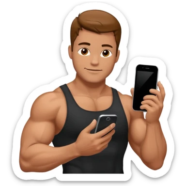 Mec musclé avec un téléphone dans les mains qui navigue sur so téléphone qui sourit sticker