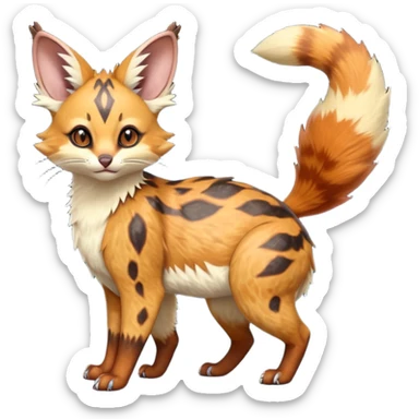 Hyper realistic  ember-rust copper fur molten with glowing magma seams and smoky tips beautiful elegant pretty precious cute  Fakémon-Pokémon-opossum-feline-serval-caracal-chinchilla-Furret-Minccino-hybrid-creature with a big fluffy bushy tail (full body) sticker