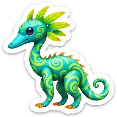 futuristic lush tropical exotic patterned swirly random-colored neon-colored Fakémon-Trico-creature (full body) sticker