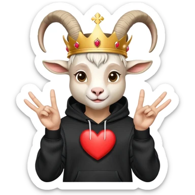 Goat with horns wearing black hoodie and a royal crown do the heart hands sign sticker