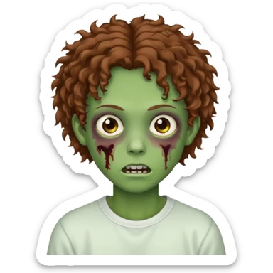  green teen zombie with brown curly hair and brown eyes wearing a white sweat sticker