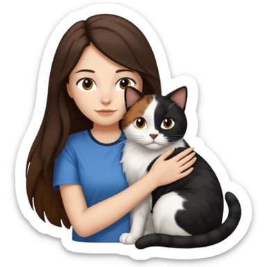 Brunette woman with long hair wearing a tshirt snuggling black brown and white calico cat sticker