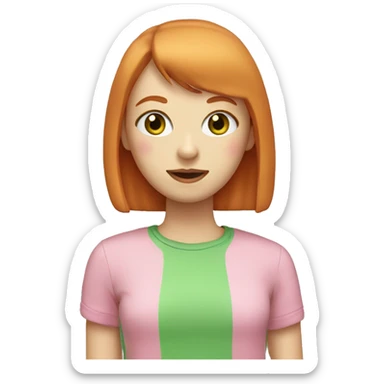ginger girl, pale face, green eyes, pink lips, shoulder lenght straight with bangs, wearing pink t-shirt sticker