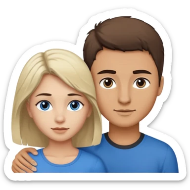 Una pareja heterosexual. La chica de piel blanca pero bronceada (española), pelo al estilo wolfcut castaño oscuro, ojos marrones. El chico de piel blanca, ojos azules y pelo castaño claro, tirando para rubio oscuro. sticker