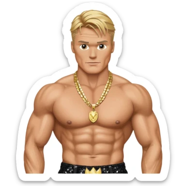 Dolph Lundgren with black sequin baggy pants, shirtless with necklace sticker