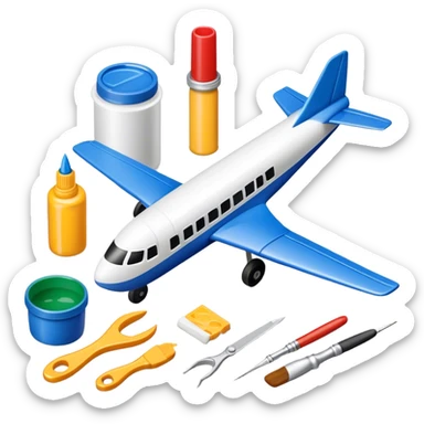photorealistic icon featuring model-building tools like glue, paint, paintbrushes, pieces of a plastic model airplane in the process of being assembled. The design includes detailed textures of the model pieces and tools, capturing the focus and creativity of model building. Transparent background. sticker
