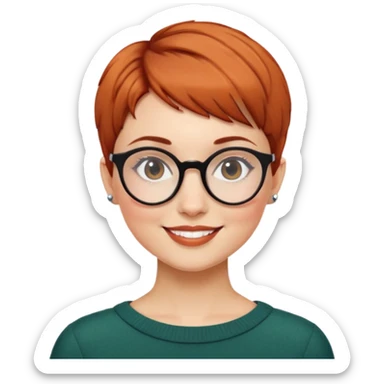 woman with auburn pixie cut (side part), round glasses, smiling sticker