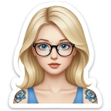 Hyper Realistic glamourous model, pale woman, long blonde balayage hair, blue eyes and glasses, shoulder tattoo  sticker