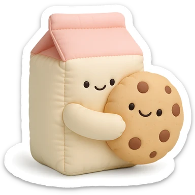 a cushion style milk carton hugging a cookie, both with cute faces, soft and puffy look, pastel palette sticker