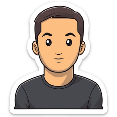 Attractive man in his 40s with youthful appearance, light brown skin, elongated face, defined jawline, medium dark eyes, arched eyebrows, straight nose, handsome friendly expression, short dark hair styled upward, athletic build, wearing a fitted black t-shirt sticker