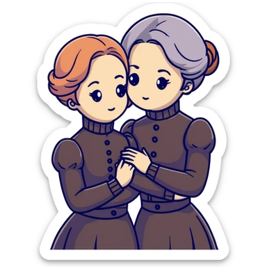Two Victorian women in a sad intimate hug, one with white coiffed hair and one with copper coiffed hair, both with grey eyes, wearing Victorian turtleneck dresses sticker