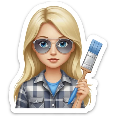 girl with long blond hair, wearing grey plaid shirt with blue eyes and aviator sunglasses wearing a ring on her silver necklace, holding a paint brush roller with a small bit of paint on her face sticker