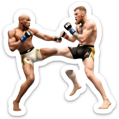 An MMA showdown between Conor McGregor and Anderson Silva in the octagon. McGregor is executing a powerful jumping strike, while Silva is expertly blocking the attack with his forearm. The background features the UFC octagon, fans in the distance, and dynamic action. Transparent background sticker