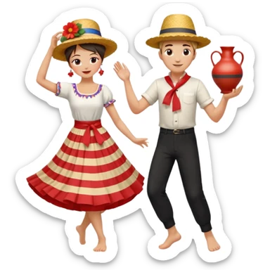 folkloric dancers barefoot man with straw hat white shirt black pants color striped sash dancing with barefoot woman in red folk skirt white blouse updo hair flower headdress balancing pottery vase on her head sticker