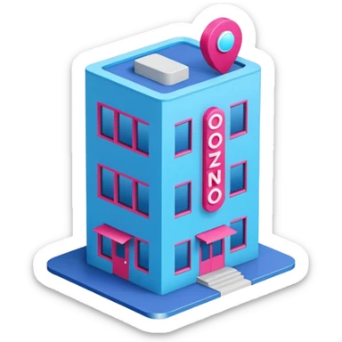 The building houses the Ozon order pickup point in its signature blue (digital blue) and raspberry colors. sticker