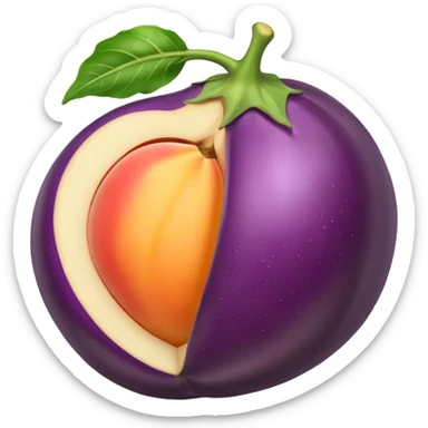 Eggplant with white liquid coming out the top being inserted into a peach sticker