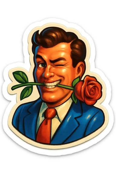 A man with a mischievous grin, holding a rose between his teeth, stylized sticker sticker