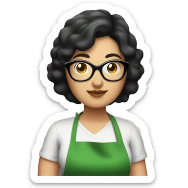 chubby lady with black hair green apron  with glasses cooking tacos sticker