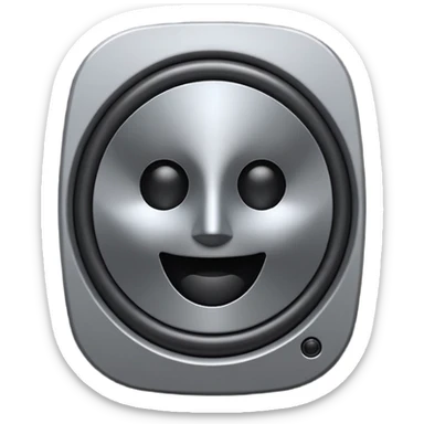 Minimal emoji icon of a modern metallic speaker, front view, detailed geometry, dark metallic body, subtle highlights, isolated sticker
