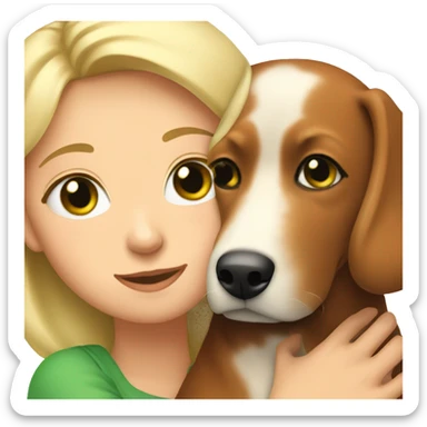 Blonde Girl with Green eyes cuddling red-Brown adult dog sticker