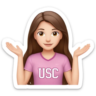 happy white long brunette hair girl with hazel eyes and in a light pink shirt with the letters USC in white sticker
