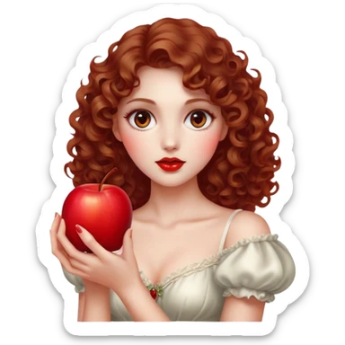 Cinematic Elegant Snow White Portrait Emoji, Delicately holding a red apple, eyes glimmering with mystery, soft curls perfectly placed, her royal presence glowing with a warm, enchanting charm! sticker