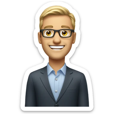 white male sales call agent wearing opticals smiling and welcoming sticker