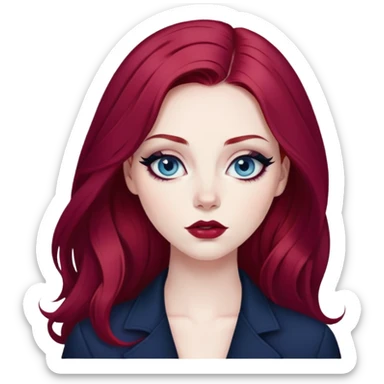 pretty baddie, wine red hair, cute lips, pale skin, long hair, dark blue eyes, bold black eyeliner sticker