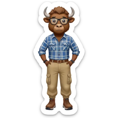 friendly anthropomorphised bison in cargo pants and plaid shirt, wearing glasses, jogging upright, relaxed pose sticker