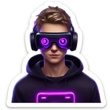 Russian young man wearing a black hoodie with "OMG" letters on it and VR headset in a cyberpunk VR environment with violet neon lighting. sticker