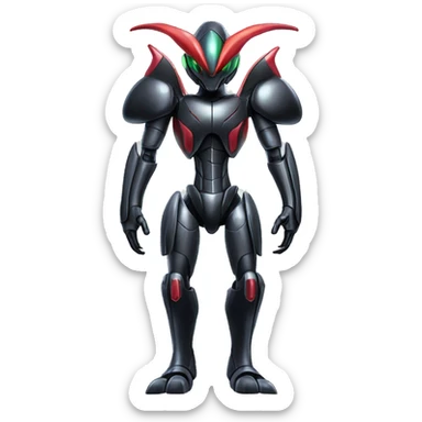 a shiny metallic black Genesect-Flygon-Raptor-Fakémon-Medabot-hybrid with a futuristic visor-helmet full body sticker