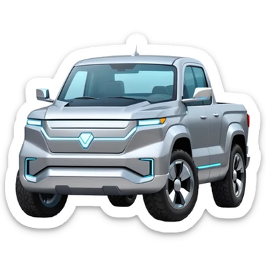 A futuristic electric pickup truck emoji, silver chrome body, angular cyber design, smooth metallic panels, subtle reflections, minimalistic proportions, iOS emoji style, centered composition, clean white background, soft lighting sticker
