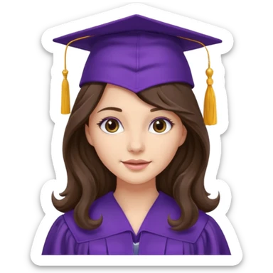pretty brunette with long wavy hair wearing a purple graduation cap and gown sticker