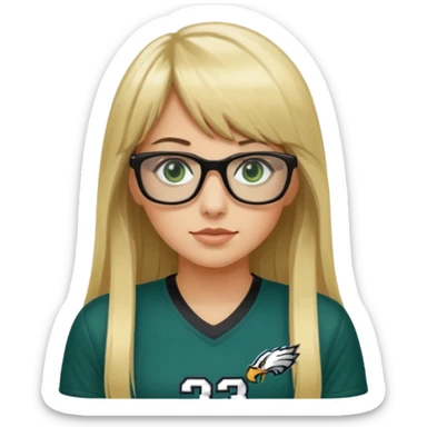 long blonde hair with bangs black rectangle glasses female green eyes football player wearing eagles jersey number 33 sticker
