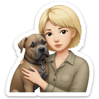 Woman with short messy blonde hair sharing a hug with her fawn colored Cane Corso dog who has short pointed ears sticker