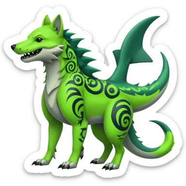 Edgy cool badass Neon-green landhai-sergal-dingo-hyena-wolf-raptor, with a shark tail, with black and dark-green swirly patterns markings sticker