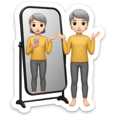 Minimalist emoji-style sticker of a person standing before a mirror, but the reflection is moving differently. Black and gray icon.
 sticker