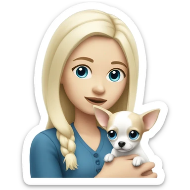 White blonde girl with blue eyes holding white chihuahua  sticker