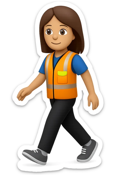 Edit the images to depict a full-body white female person walking, with shoulder-length brown hair, wearing a high-visibility vest, no hard hat, and trainers. The style should resemble apple style emojis with no background (transparent). sticker