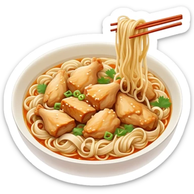 Xinjiang Big Plate Chicken Noodles with wide hand-pulled noodles and chicken chunks, simplified emoji style with bold outlines and bright colors, cartoon style Da Pan Ji with noodles sticker