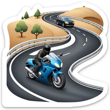 An icon showing a motorcycle and a car speeding through a winding road, with the car’s sleek silhouette blending into the curve of the road while the motorcycle zips past. The scene should capture the thrill of the ride, the freedom of the open road. transparent background. sticker