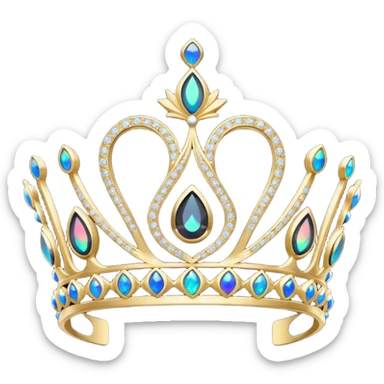 A hyperrealistic 3d rendering isolated black color tiara, decorated with hyperrealistic mirco-detailed sparkling diamonds, and shimmering multicolor hyperrealistic black opals, 8k sticker