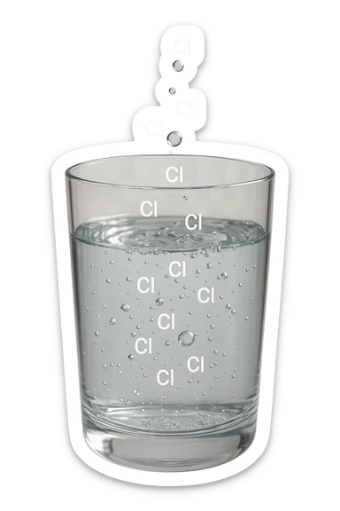 un bicchiere di acqua fluttua in aria realistico e dettagliato, dentro l'acqua del bicchiere ci sono particelle di cloro ben visibili con la scritta "Cl" sopra, ci sono particelle anche che escono dal bicchiere e fluttuano in aria verticalmente, mentre alcune sono all'interno dell'acqua nel bicchiere, iperrealistico 4k sticker