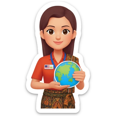 Female Malaysian Tourist Guide with Badge, Batik Cloth & hold Small World Map sticker